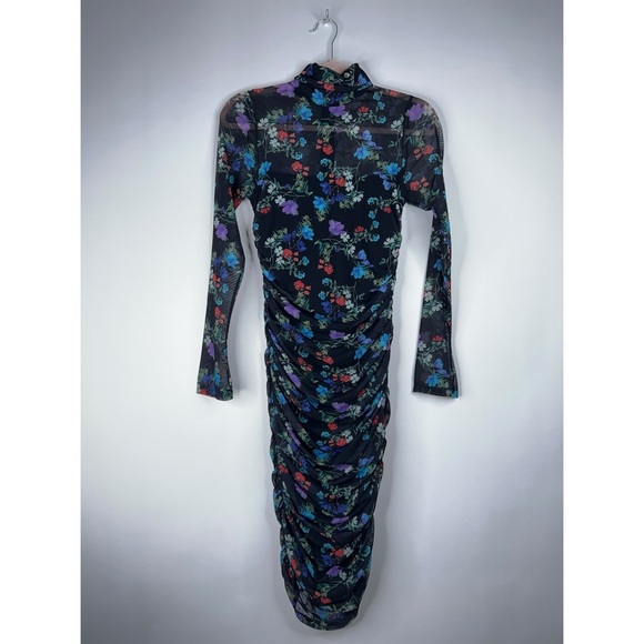Alice & Olivia Floral Print Black Sheer Turtleneck Midi Dress Ruched Size 4 - Picture 1 of 12